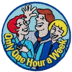 The words Only One Hour A Week are stitched under a laughing scout, guide and parent.