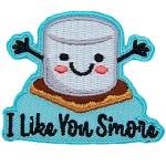 A marshmallow sitting on a chocolate gram cracker reaches out for a hug. Underneath it is the text I Like You S'more.