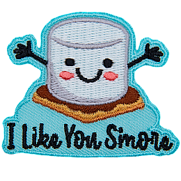 A marshmallow sitting on a chocolate gram cracker reaches out for a hug. Underneath it is the text I Like You S'more.