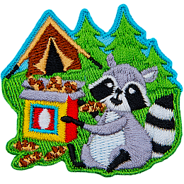 A raccoon happily munches on a box of chocolate chip cookies that it swiped from a tent.