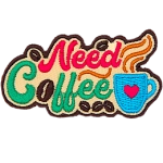 The words Need Coffee are next to a steaming blue mug and surrounded by coffee beans.