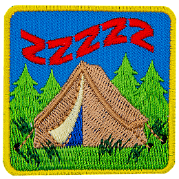 A brown tent in the woods with the letter Z above it a few times to represent sleep.