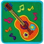 A ukelele with two flowers on it surrounded by music notes.