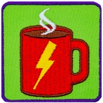 A red mug with a yellow lightning bolt. Steam is coming out the top.