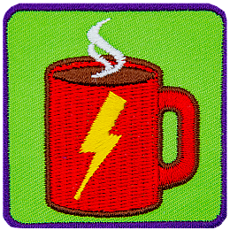 A red mug with a yellow lightning bolt. Steam is coming out the top.