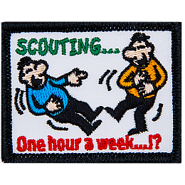 Two laughing figures are next to the words Scouting... One hour a week?!