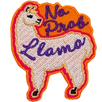 A fluffy llama looks back at the words No Prob Lama.