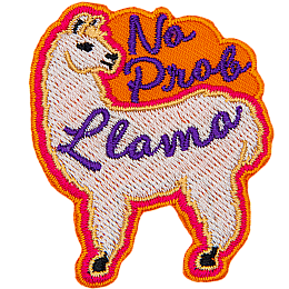A fluffy llama looks back at the words No Prob Lama.