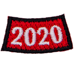  The number 2020 is stitched in white on a curved red background.