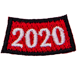  The number 2020 is stitched in white on a curved red background.