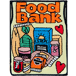 The words Food Bank are above a group of nonperishables and two red hearts.