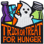 The words Trick Or Treat For Hunger are on a box with a ghost and non-perishable inside.