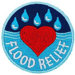 A heart in the middle of a body of water with rain above it. The words Flood Relief are across the bottom.