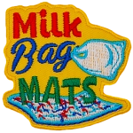 The words Milk Bag Mats are above a mat woven from milk bags. A milk bag is attached to the word Bag.