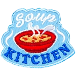 The words Soup Kitchen surround a red bowl of soup.