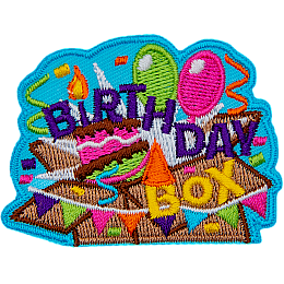 The words Birthday Box are over a smashed box with balloons coming out of it.