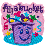 A smiling purple bucket is overflowing with hearts, stars, and confetti. The words Fill A Bucket is embroidered at the top of the patch.