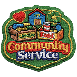 The words Community Service are beneath a house and two boxes of food.