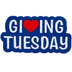 The words Giving Tuesday are sewn in white thread. The V in Giving is a heart.