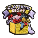 The words Clothing Drive above a box of clothes.