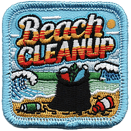 The words Beach Clean Up are above an algae-infested lake and a black bag of bottles.