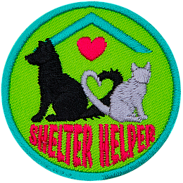 A cat and dog sit facing away from each other. Their tails curve together to make a heart. The words Shelter Helper are at the bottom.