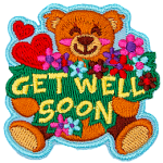 An adorable teddy bear holds a bouquet of flowers, and the words Get Well Soon.