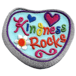 This rock-shaped patch has the words Kindness Rocks embroidered amongst a heart and a flower.