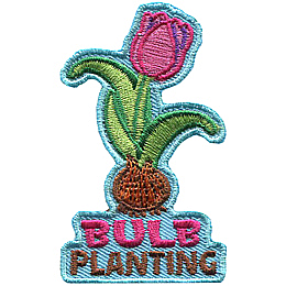 A pink tulip sprouts from a bulb. The words Bulb Planting are below it.