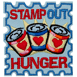 A blue patch in the shape of a stamp. Three cans are in the center. Stamp Out Hunger is written above and below the cans.