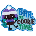 The words Brr It's Cookie Time are next to a cookie wearing a toque and mittens.