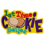 The words 1st Time Cookie Seller are surrounded by yellow. The Os in cookie are replaced by two cookies.