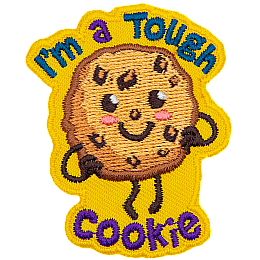 A chocolate chip cookie has a kawaii face. It proudly stands with its hands on its hips. Surrounding it are the words I'm a Tough Cookie.