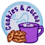 A cup of hot cocoa sits next to a stack of cookies under the words Cookies and Cocoa.
