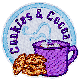 A cup of hot cocoa sits next to a stack of cookies under the words Cookies and Cocoa.