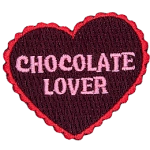 The words Chocolate Lover are stitched inside a red heart.