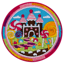 A colourful candy landscape with a gingerbread castle. 