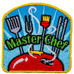 A spatula, fork, brush, and a set of tongs stand proudly over a steaming barbecue lid. The words ''Master Chef'' are embroidered over top of the utensils.