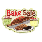 The words Bake Sale are above a pie, cookies and cupcakes.