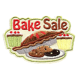 The words Bake Sale are above a pie, cookies and cupcakes.