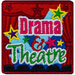 The words Drama & Theatre on a stage with some red curtains.