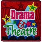 The words Drama & Theatre on a stage with some red curtains.