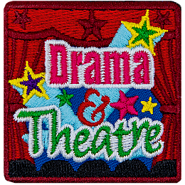 The words Drama & Theatre on a stage with some red curtains.