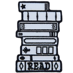 A stack of 8 books is outlined in black thread, with the bottom book titled Read.