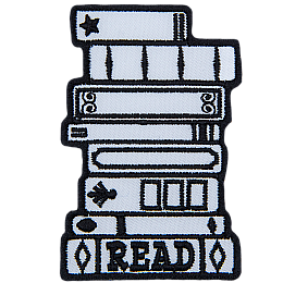 A stack of 8 books is outlined in black thread, with the bottom book titled Read.