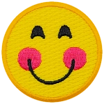 A yellow circle forms a smiley face with smiling eyes, rosy cheeks, and a big U-shaped smile.