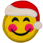 A yellow circle forms a smiley face with happy eyes, a big smile, red rosy cheeks, and a Santa hat.