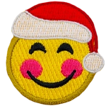 A yellow circle forms a smiley face with happy eyes, a big smile, red rosy cheeks, and a Santa hat.