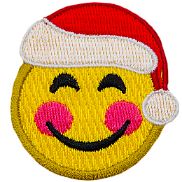 A yellow circle forms a smiley face with happy eyes, a big smile, red rosy cheeks, and a Santa hat.
