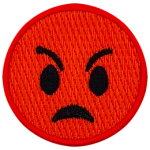 This red emoji is very mad. Its eyebrows slant down towards the center of its face, it has big, wide oval eyes, and its mouth is set in an angry frown.
